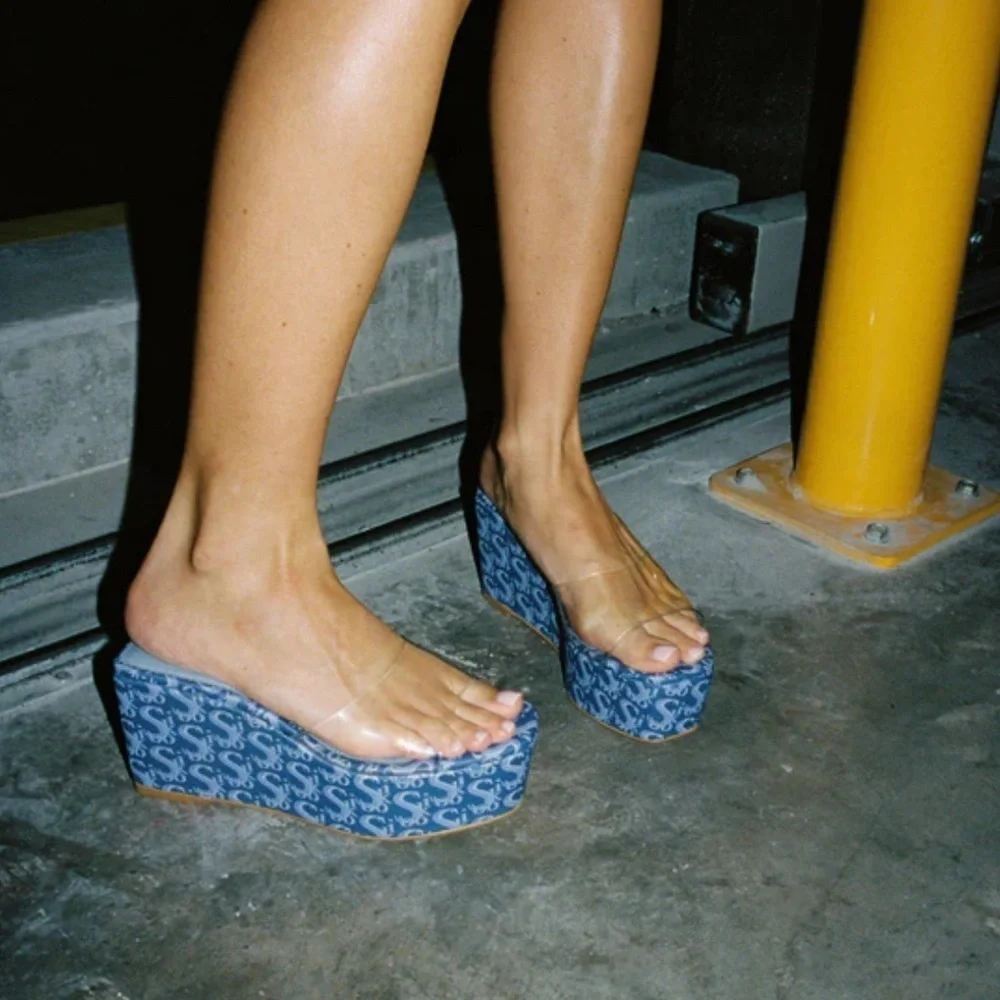 Sooki La La The Rocky La La Clear Slip On Blue Logo Platform Wedge Sandals